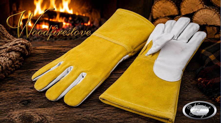 Premium Fireplace fire resistant LEATHER GLOVES Gold & White / Fireside