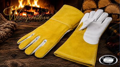 Premium Fireplace fire resistant LEATHER GLOVES Gold & White / Fireside