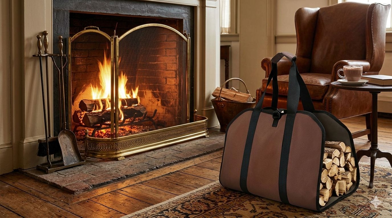 FIRESIDE COMPANION KINDLING & LOG CARRIER TOTE - Brown & Black
