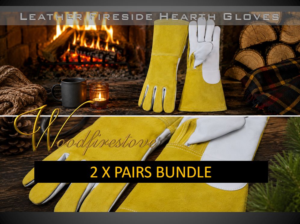 2 x PAIRS BUNDLE Premium Fireplace fire resistant LEATHER GLOVES Gold & White / Fireside