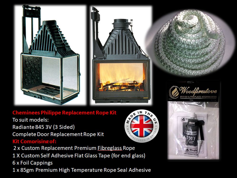 Cheminees Philippe RADIANTE #845 3V (3 Sided) DOOR ROPE SEAL KIT Replacement - Custom Size