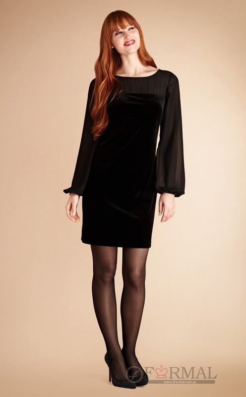 Long Sleeves Scoop Black Short Formal Prom Dress