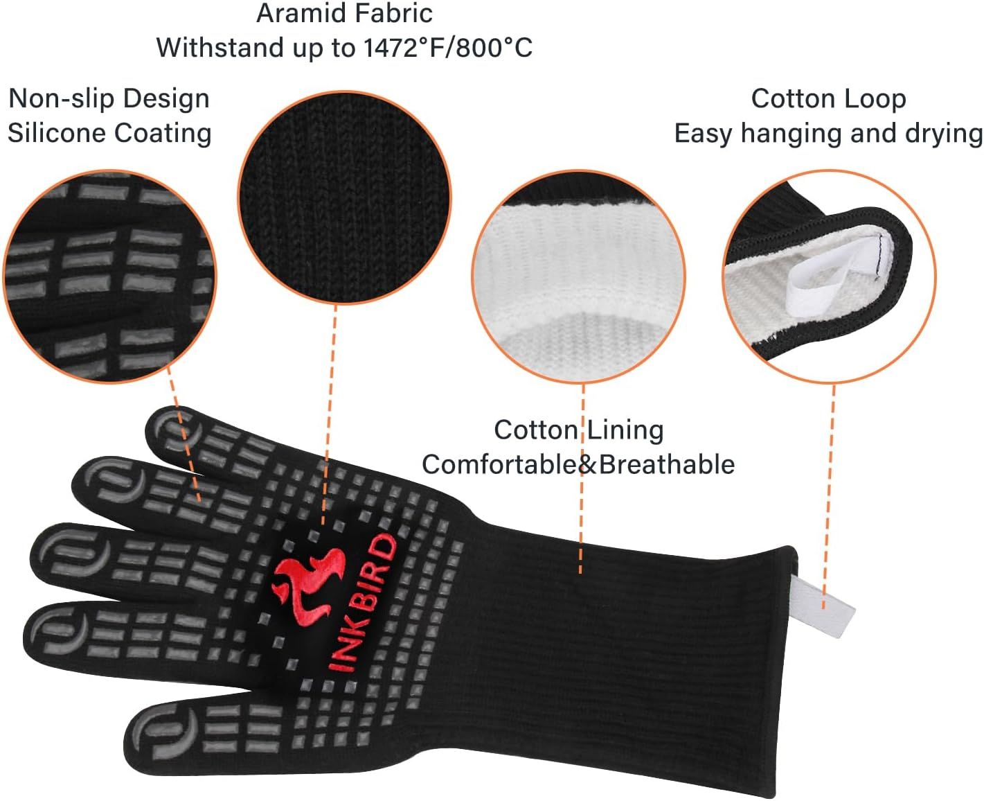 INKBIRD BBQ Gloves 800°C Extreme Heat Resistant Grill Gloves.