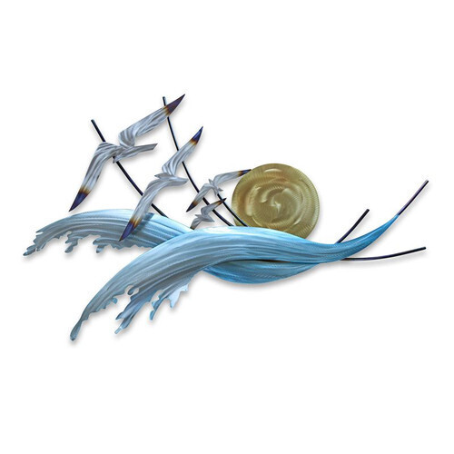 Seagulls Riding Waves at Sunset Metal Wall Art