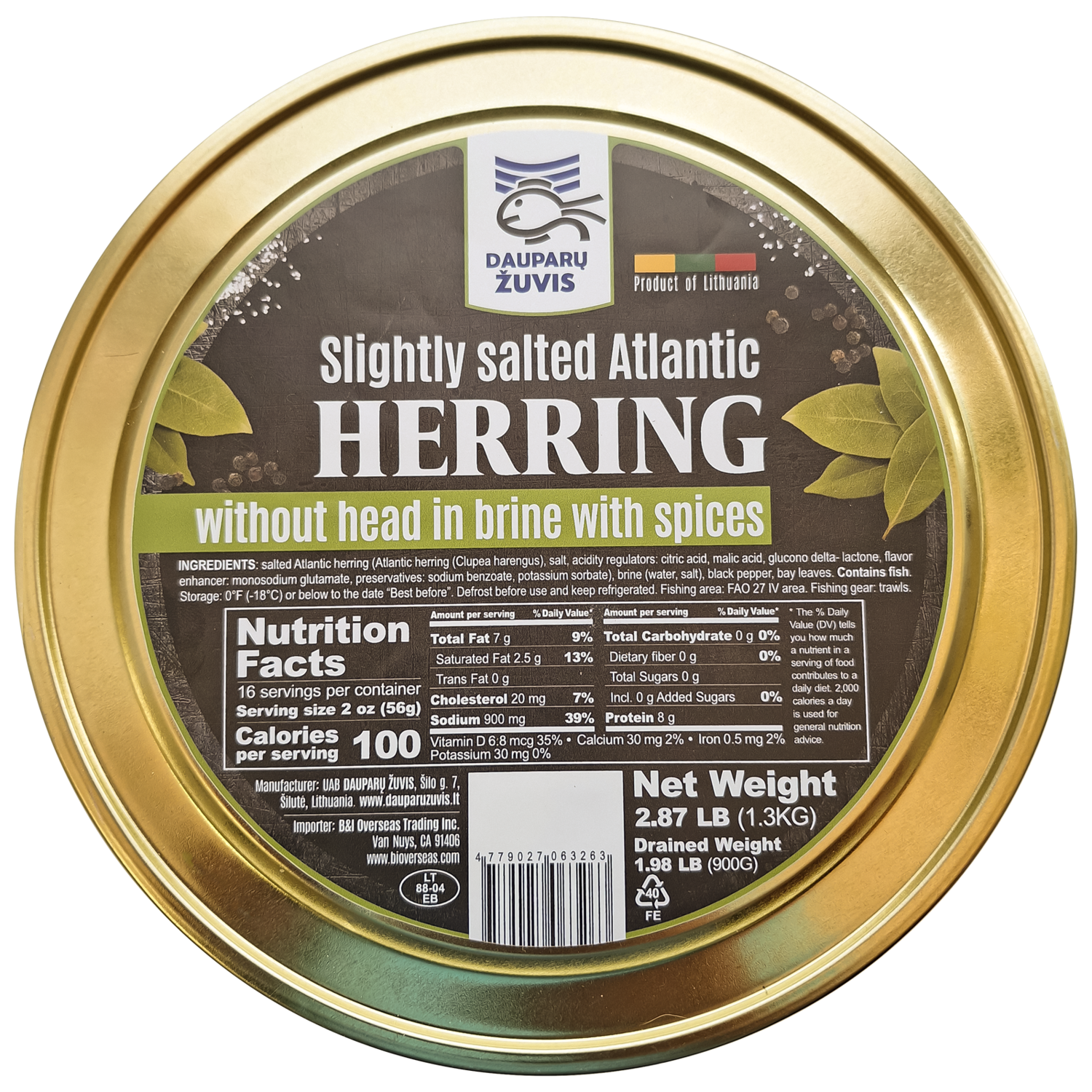 Dauparu Salted herring head off in brine Spiced CAN 1.3kg 8cs $9.00