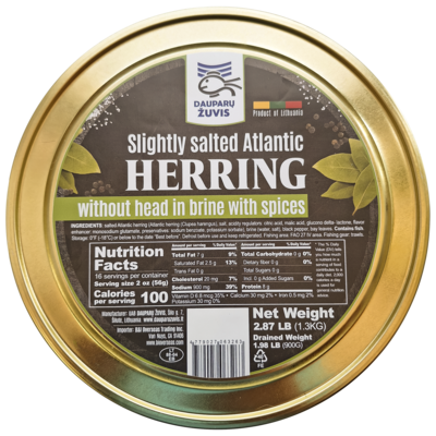 Dauparu Salted herring head off in brine Spiced CAN 1.3kg 8cs $9.00