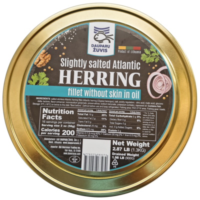 Dauparu Salted herring fillet skin off in oil CAN 1.3kg $10.00