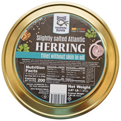 Dauparu Salted herring fillet skin off in oil CAN 1.3kg  $10.00