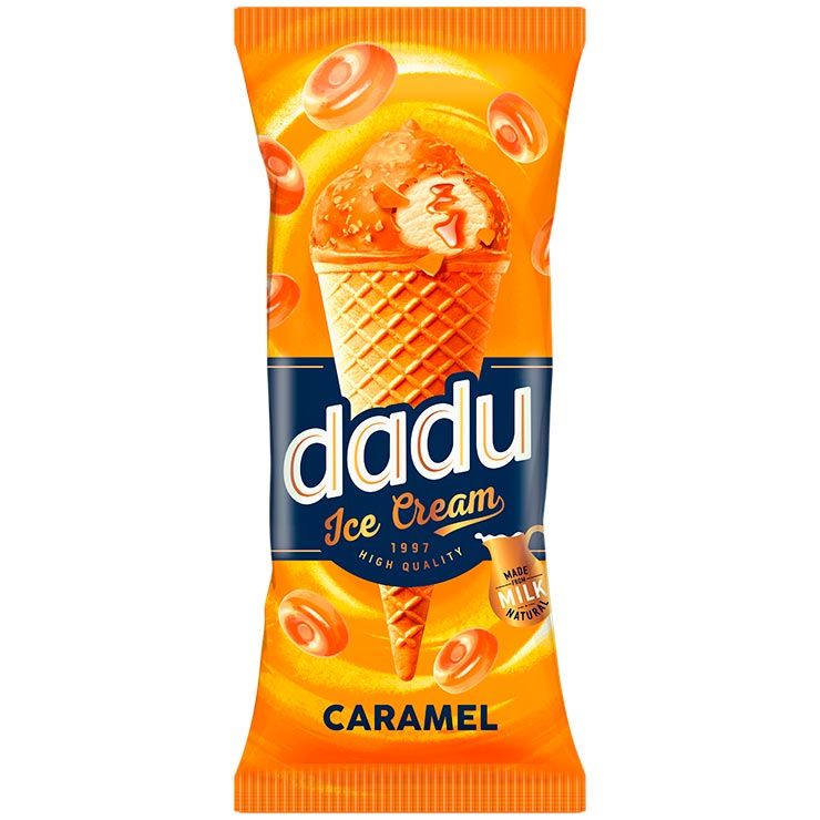 Dadu Caramel ice cream with Caramel filling and waffle crisps 150ml Cone 24cs $1.90