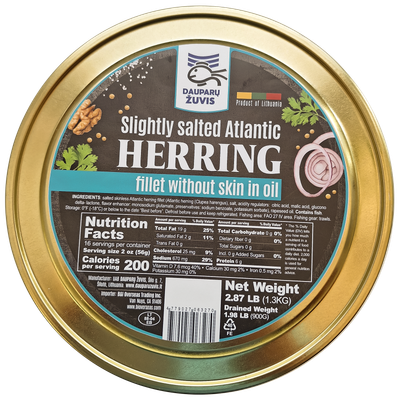 Dauparu Salted herring fillet skin off in oil CAN 1.3kg  $10.00