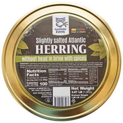Dauparu Salted herring head off in brine Spiced CAN 1.3kg 8cs $9.00