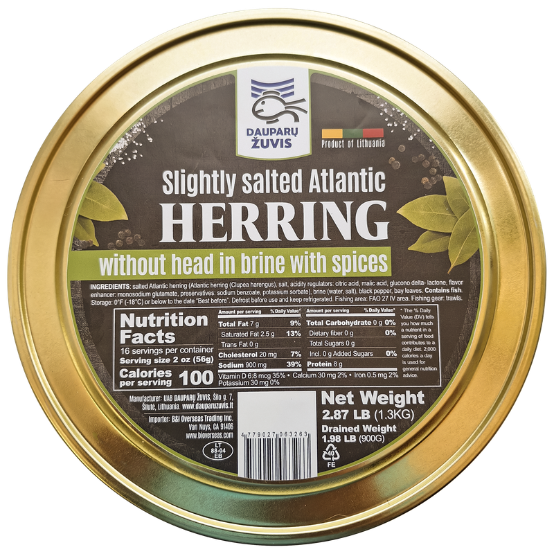 Dauparu Salted herring head off in brine Spiced CAN 1.3kg 8cs $9.00