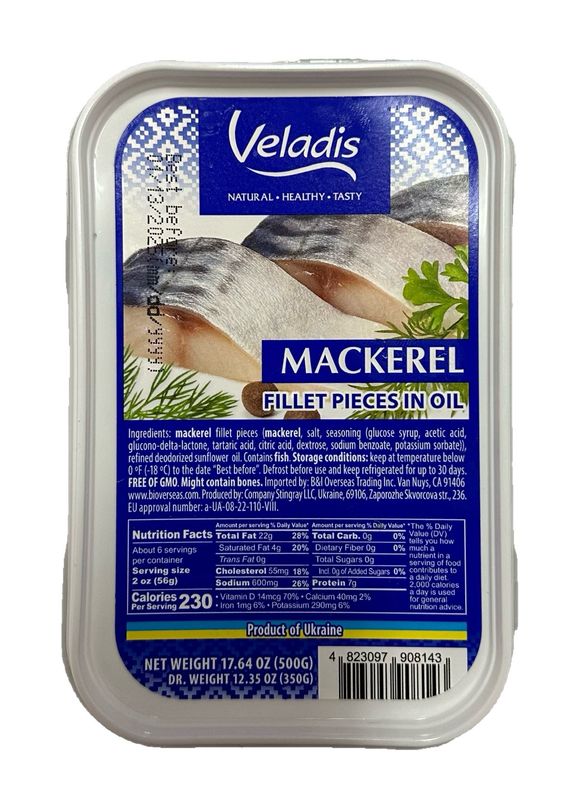 Mackerel In Oil Veladis 500g 12cs Ukraine $6.40