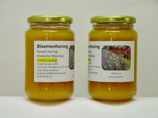 Streekhoning bloemen  Cremme 500 gr 100% honing, Koud geslingerd en ongemengd Zoals de natuur het bedoeld heeft is grof gezeeft en goed tegen hooikoorts