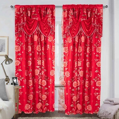 Glory Rugs Flower Curtain Window Panel Set 2 Luxury Curtains with Attached Valance and Sheer Backing Living Room Bedroom Dining 55x84 Each Balsam Red