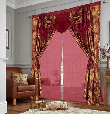 Glory Rugs Jacquard Luxury Curtain Window Panel Set Curtain with Attached Valance and Backing Bedroom Living Room Dining 110"X84" Each Jana Burgundy