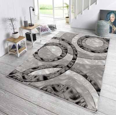 Platinum Collection Circular Grey Black Rug Carpet Living Room Dining Accent (6607)