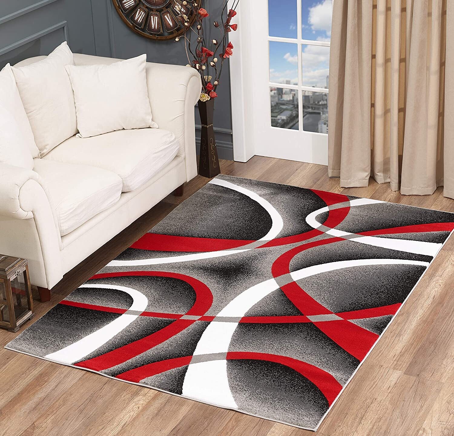 Sevilla Collection Swirls Red Light Grey Rug Carpet Bedroom Living Room Accent (4816)