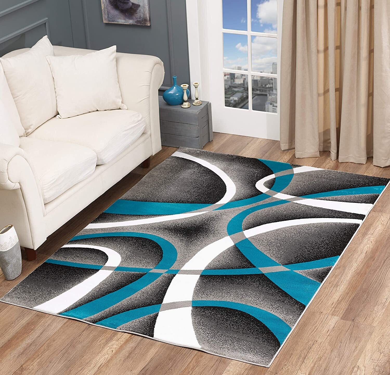 Sevilla Collection Swirls Turquoise Light Grey Rug Carpet Bedroom Living Room Accent (4816)