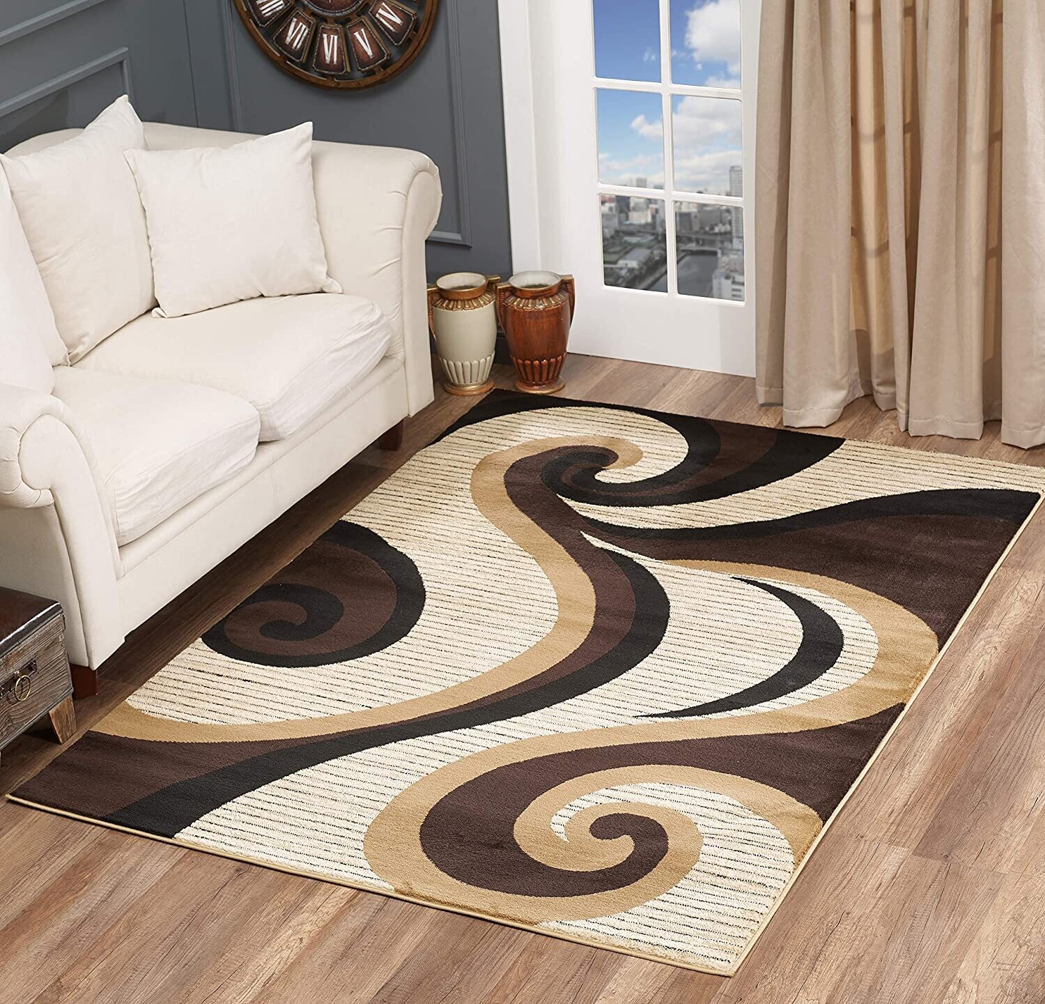 Sevilla Collection Swirls Modern Brown Beige Rug Carpet Bedroom Living Room Accent (4817)