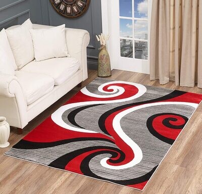 Sevilla Collection Swirls Modern Red Grey Rug Carpet Bedroom Living Room Accent (4817)
