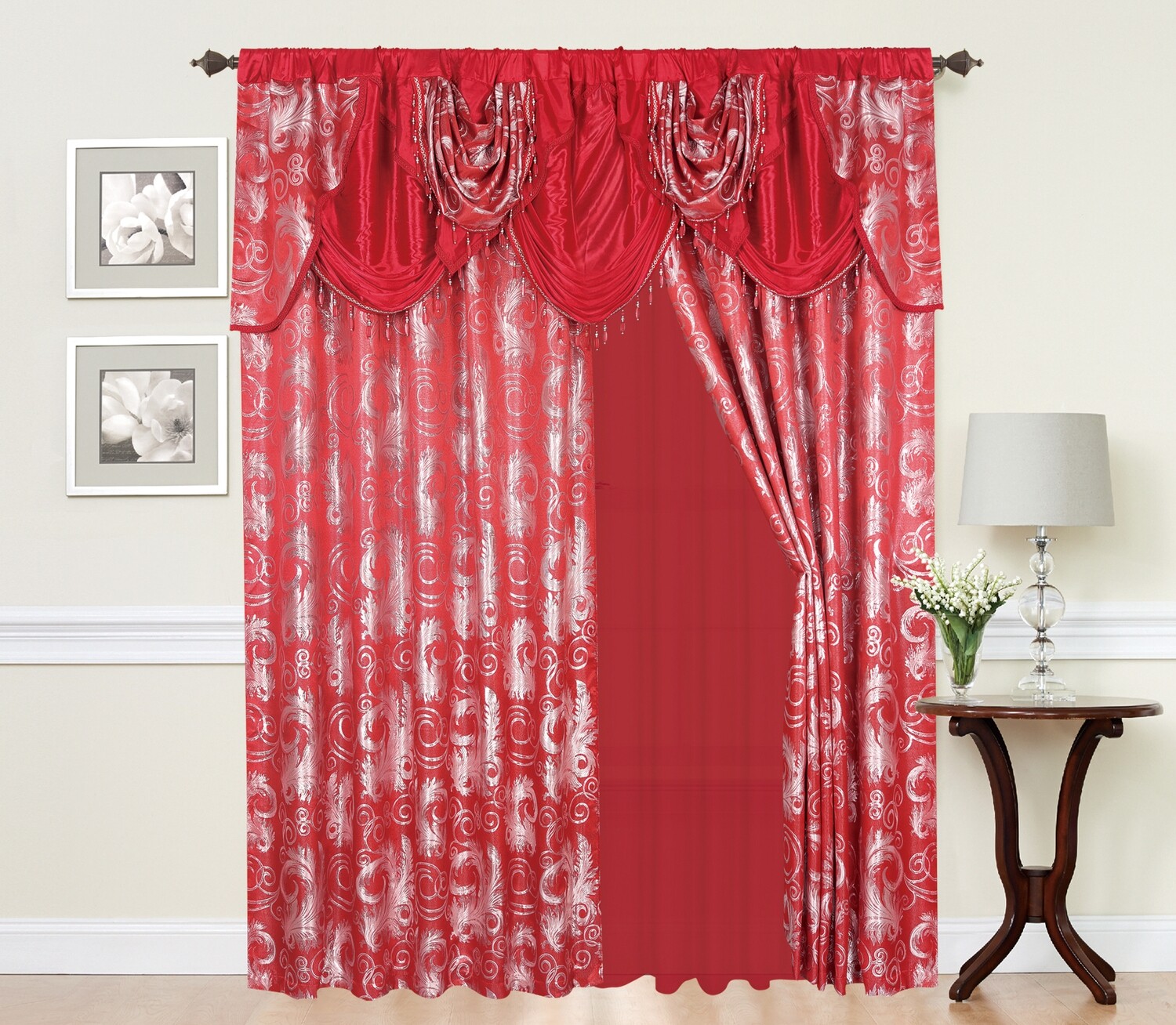 Glory Rugs Jacquard Luxury Curtain Window Panel Set Curtain with Attached Valance and Backing Bedroom Living Room Dining 110"X84" Each Jana Red and Silver
