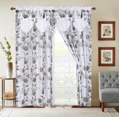 Glory Rugs Flower Curtain Window Panel Set 2 Luxury Curtains with Attached Valance and Sheer Backing Living Room Bedroom Dining 55x84 Each Balsam White
