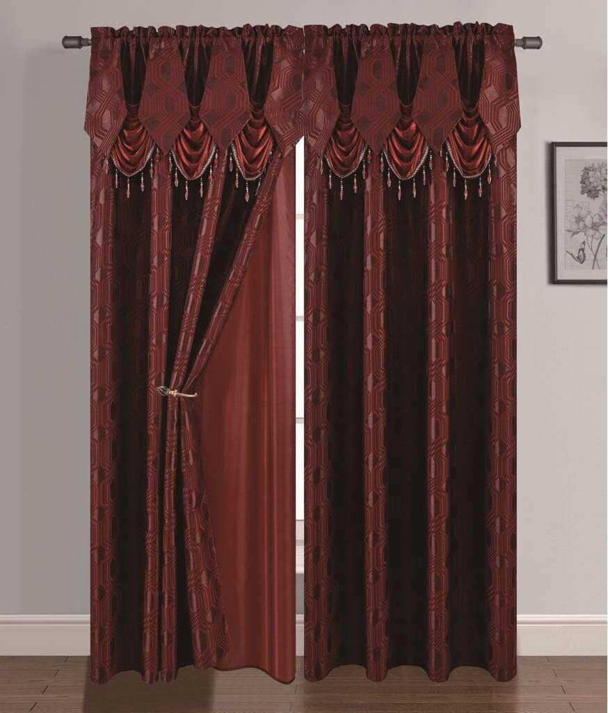 Glory Rugs 2pc Curtain Set with Attached Valance and Backing 55"X84" Each Ragad Burgundy