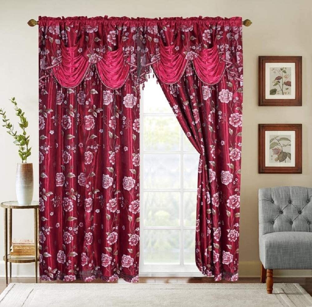 Glory Rugs Flower Curtain Window Panel Set 2 Luxury Curtains with Attached Valance and Sheer Backing Living Room Bedroom Dining 55x84 Each Balsam Burgundy