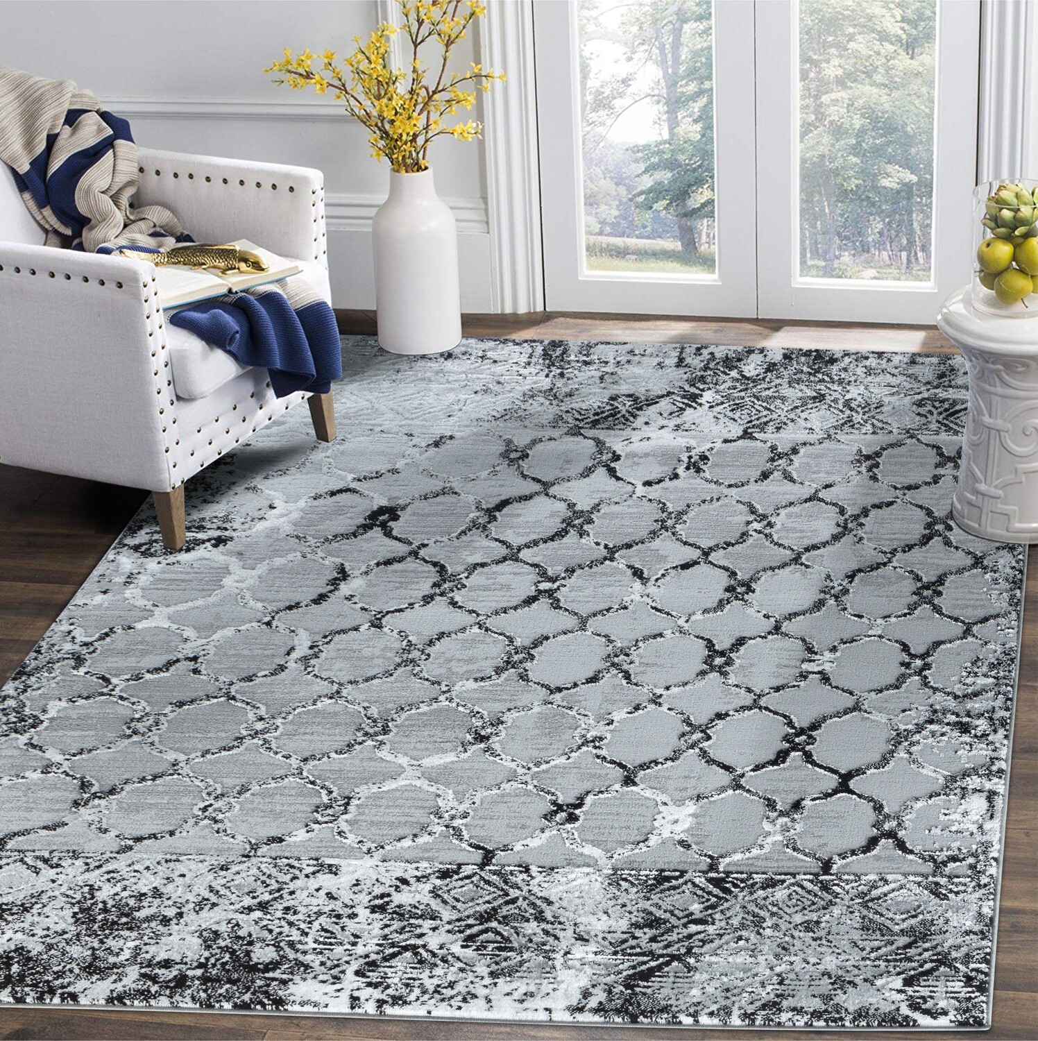 Glory Rugs Modern Abstract Trellis Area Rug  Grey Black Rugs for Home Office Bedroom and Living Room