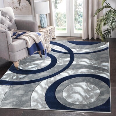 Platinum Collection Circular Navy Rug Carpet Living Room Dining Accent (6607)