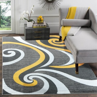 Sevilla Collection Swirls Modern Grey Yellow Rug Carpet Bedroom Living Room Accent (4817)