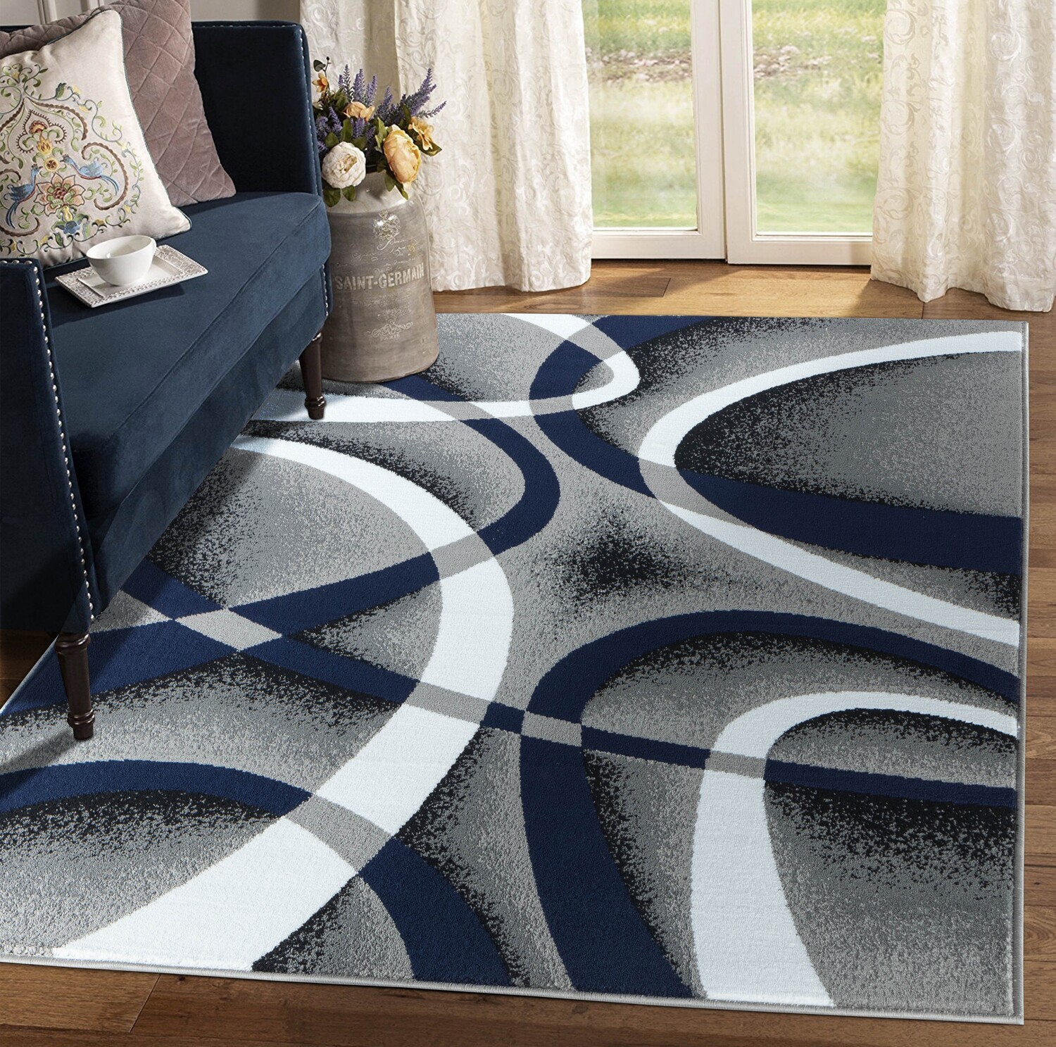 Sevilla Collection Swirls Navy Rug Carpet Bedroom Living Room Accent (4816)