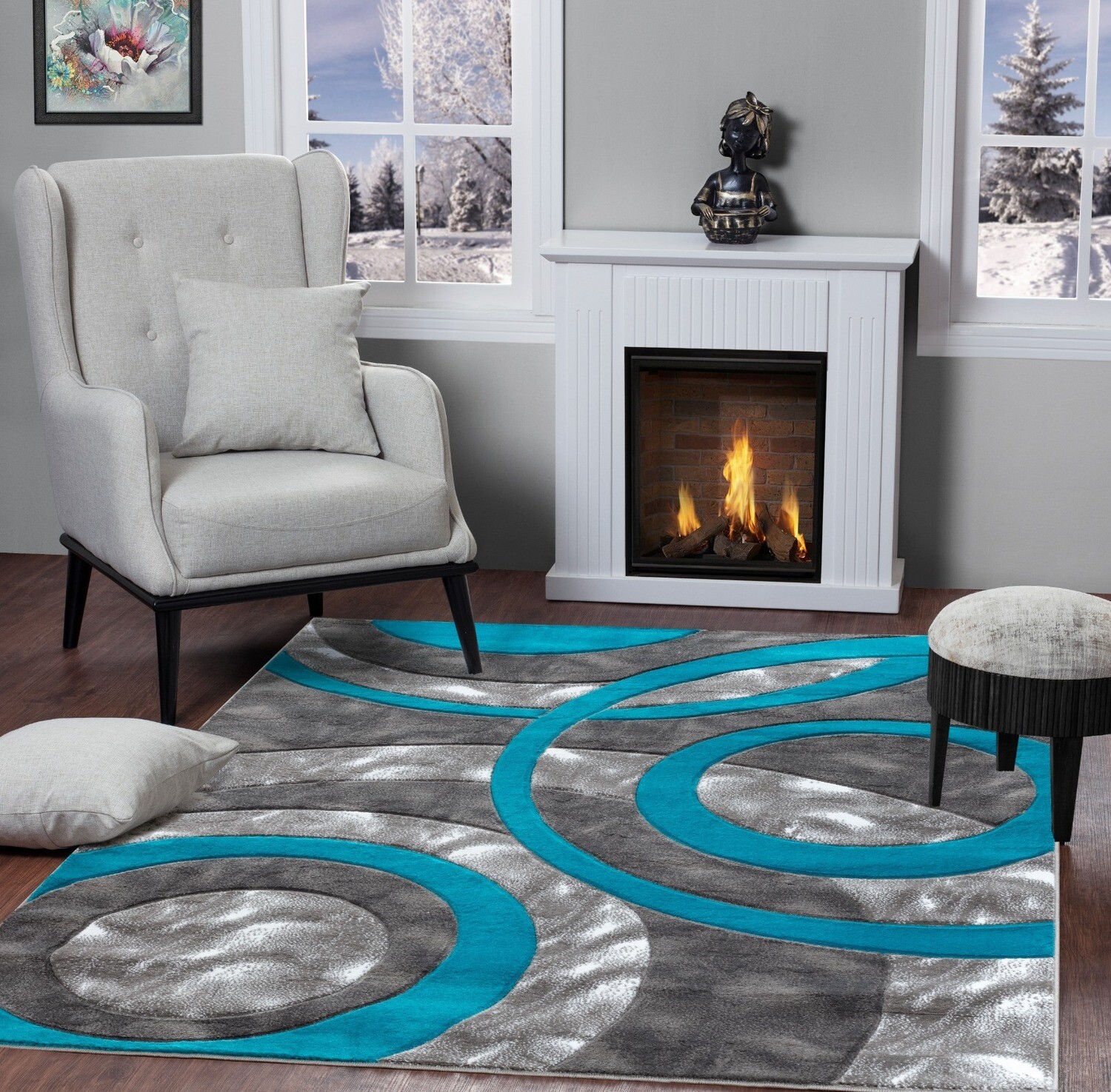 Platinum Collection Circular Turquoise Rug Carpet Living Room Dining Accent (6607)