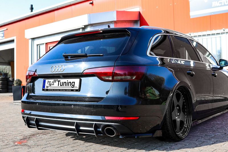 Gefräster Heckansatz aus ABS für Audi A4 B9 Avant mit Endrohr L/R Gefräster Heckansatz aus ABS für Audi A4 B9 Avant mit Endrohr L/R
