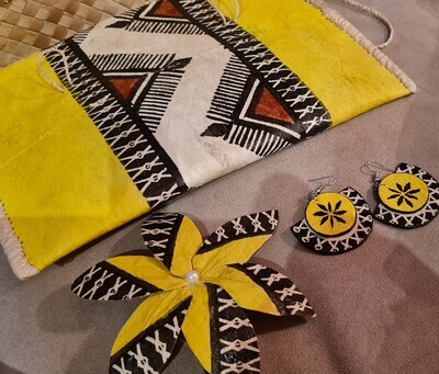 Yellow 3 piece Clutch Set, Earrings, Tekiteki &amp; clutch.