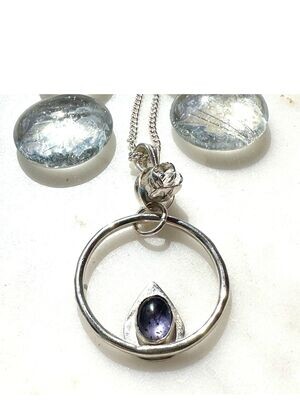 Iolite pendant with fine silver rose