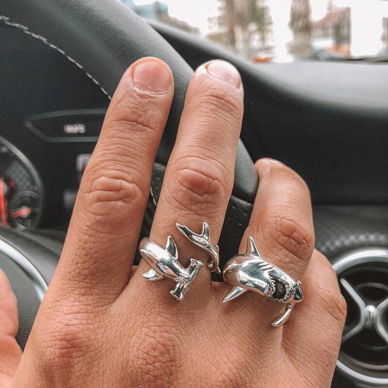 2pcs/set Vintage Simple Punk Shark Animal Adjustable Finger Rings Set Retro Great White Shark Opening Jewelry Accessories