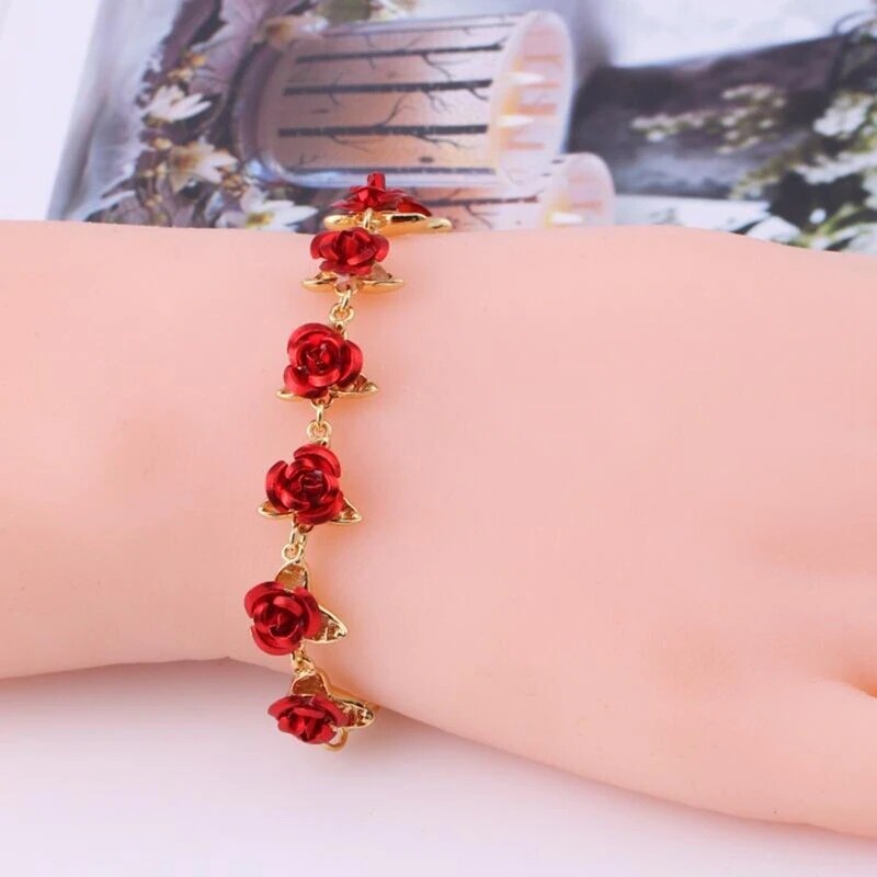 22cm Rose Gold Color Link Chain Romantic Bracelet With Red Enamel Rose Jewelry Valentine Gift For Lover