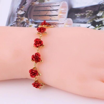 22cm Rose Gold Color Link Chain Romantic Bracelet With Red Enamel Rose Jewelry Valentine Gift For Lover