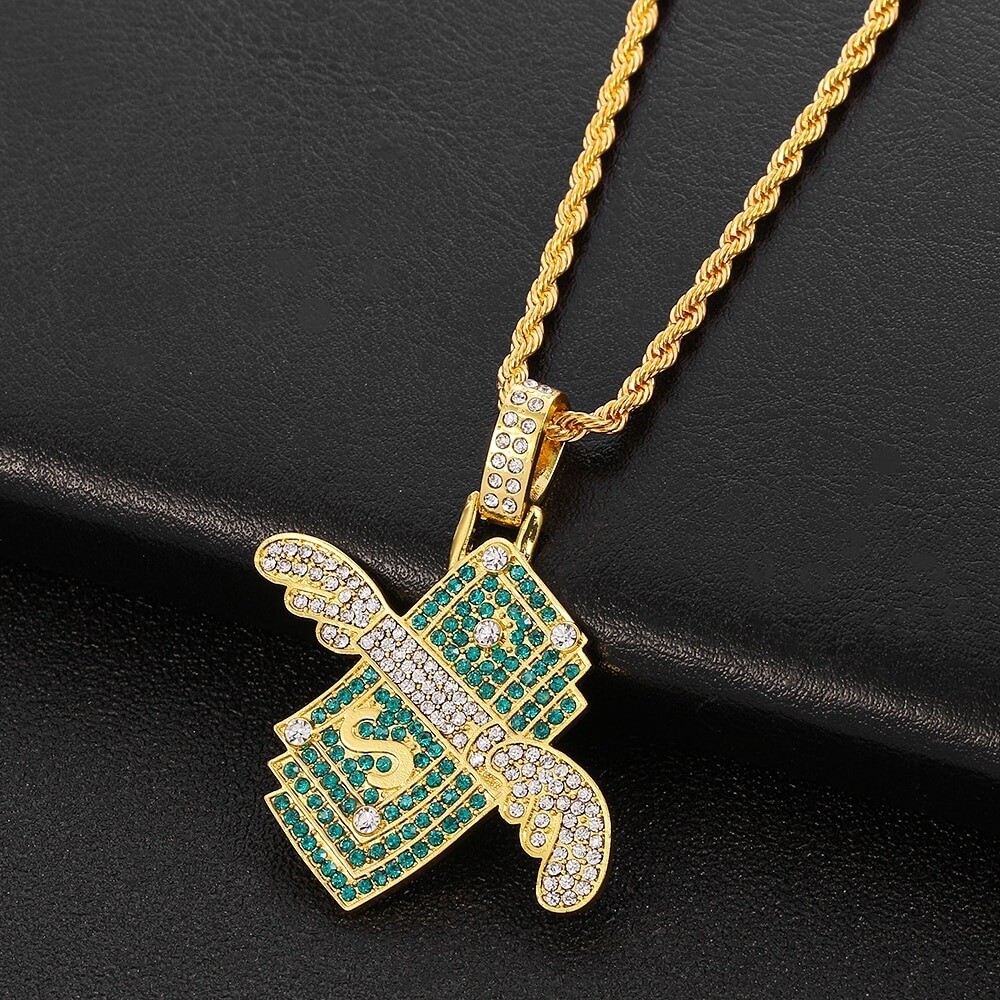 New Money Cubic Zircon Iced Out Chain Flying Cash Hip Hop Jewelry Pendant Necklace For Men Women Gifts