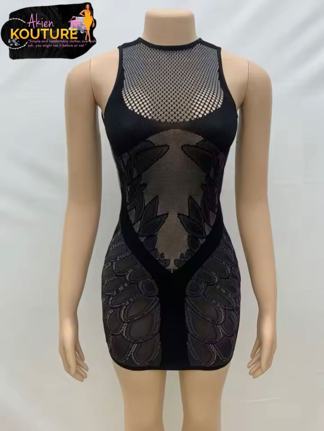 See Through Mesh Feather Pattern Dress