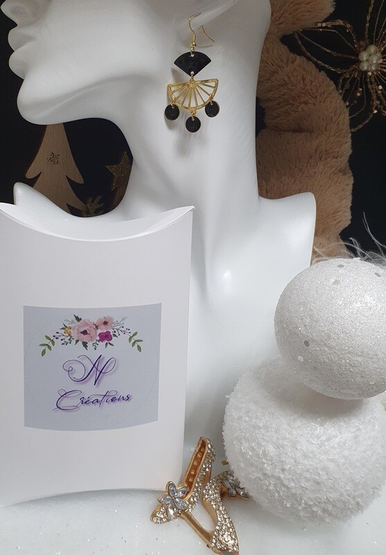💖 Éventails dorés et sequins en émail noir 💖 ( Existe en rouge et Or)