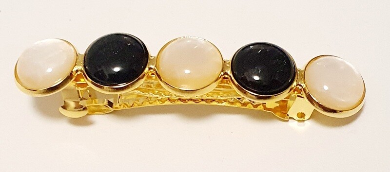 🖤🤍 Mignonne barrette dorée, fillette. 5 cabochons Polaris noirs irisés et blancs nacrés. Fabrication artisanale.