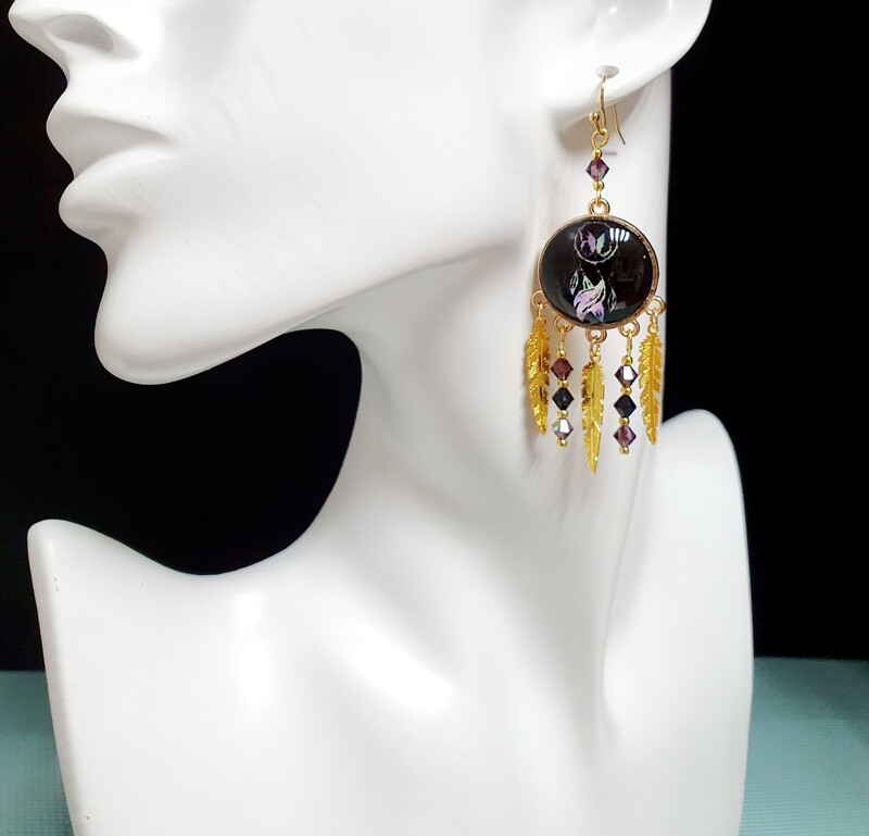 🌠 Ravissantes boucles d'oreilles Attrape-rêves. Perles toupies en cristal. Fabrication artisanale. Exemplaire unique.