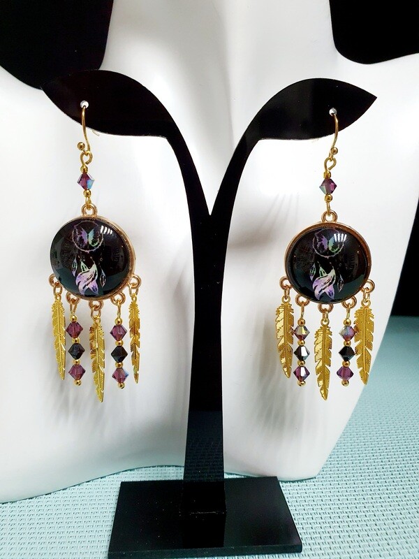 🌠 Ravissantes boucles d&#39;oreilles Attrape-rêves. Perles toupies en cristal. Fabrication artisanale. Exemplaire unique.