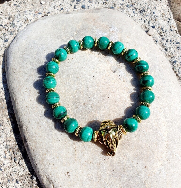 💚 Superbe bracelet extensible mixte. Perles en  véritable Malachite verte. Fabrication artisanale. Exemplaire unique.