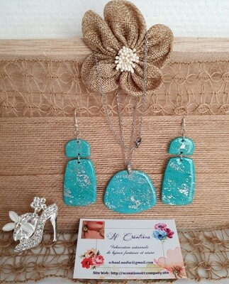 🤩 Parure B.O/Collier en argile Polymère turquoise et feuilles d&#39;argent. Création artisanale. Modèle unique.