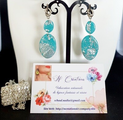 💎 Très jolies B.O ovales en argile Polymère turquoise et feuilles d&#39;argent froissées. Création artisanale. Modèle unique