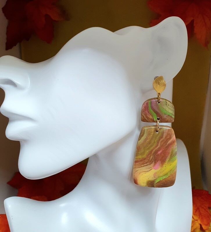 🍁🍂 Très belles B.O rectangulaires en argile Polymère marbrées aux couleurs d&#39;Automne et poudre d&#39;or 🍂🍁 Création artisanale. Modèle unique.